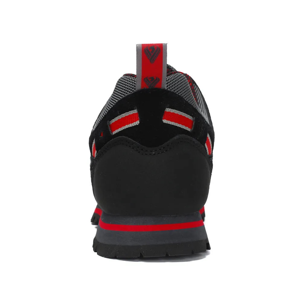 Men's hiking shoes with shock absorber sole in red and yellow colour options for outdoor trekking