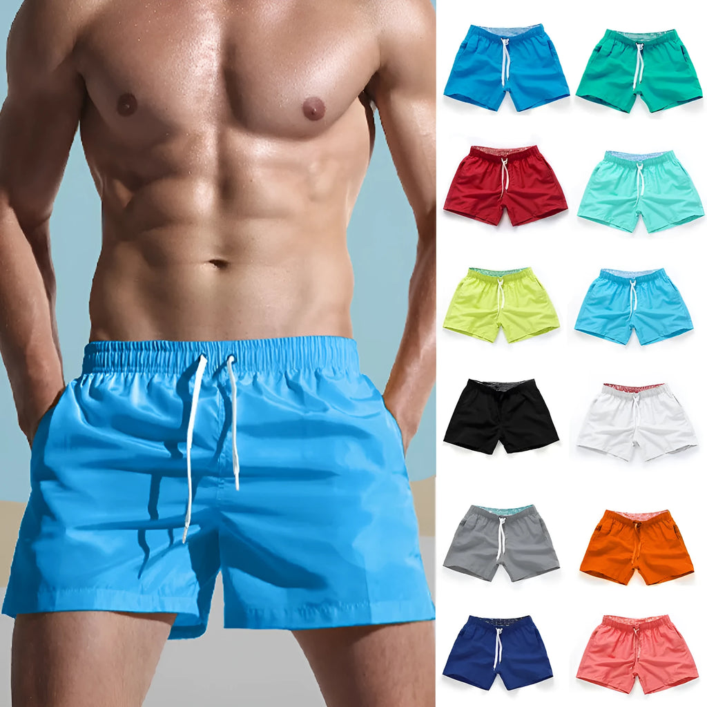 Men's quick-dry polyester beach shorts in straight leg cut available in multiple colours and sizes up to 4XL