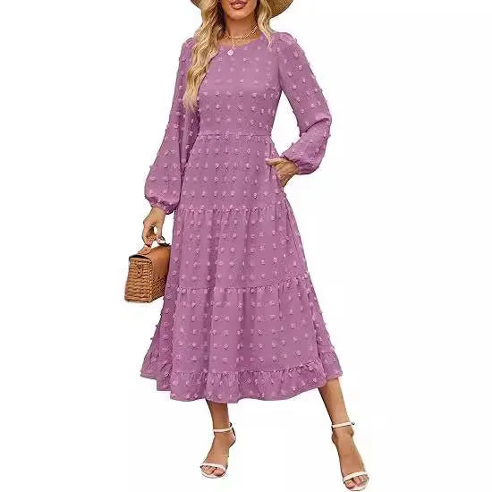 Long sleeve casual dress with round neck, high waist, and ruffle sleeves in a solid colour.