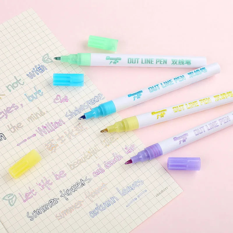 Set of eight fluorescent highlighter pens with 2mm tips next to their storage box.
