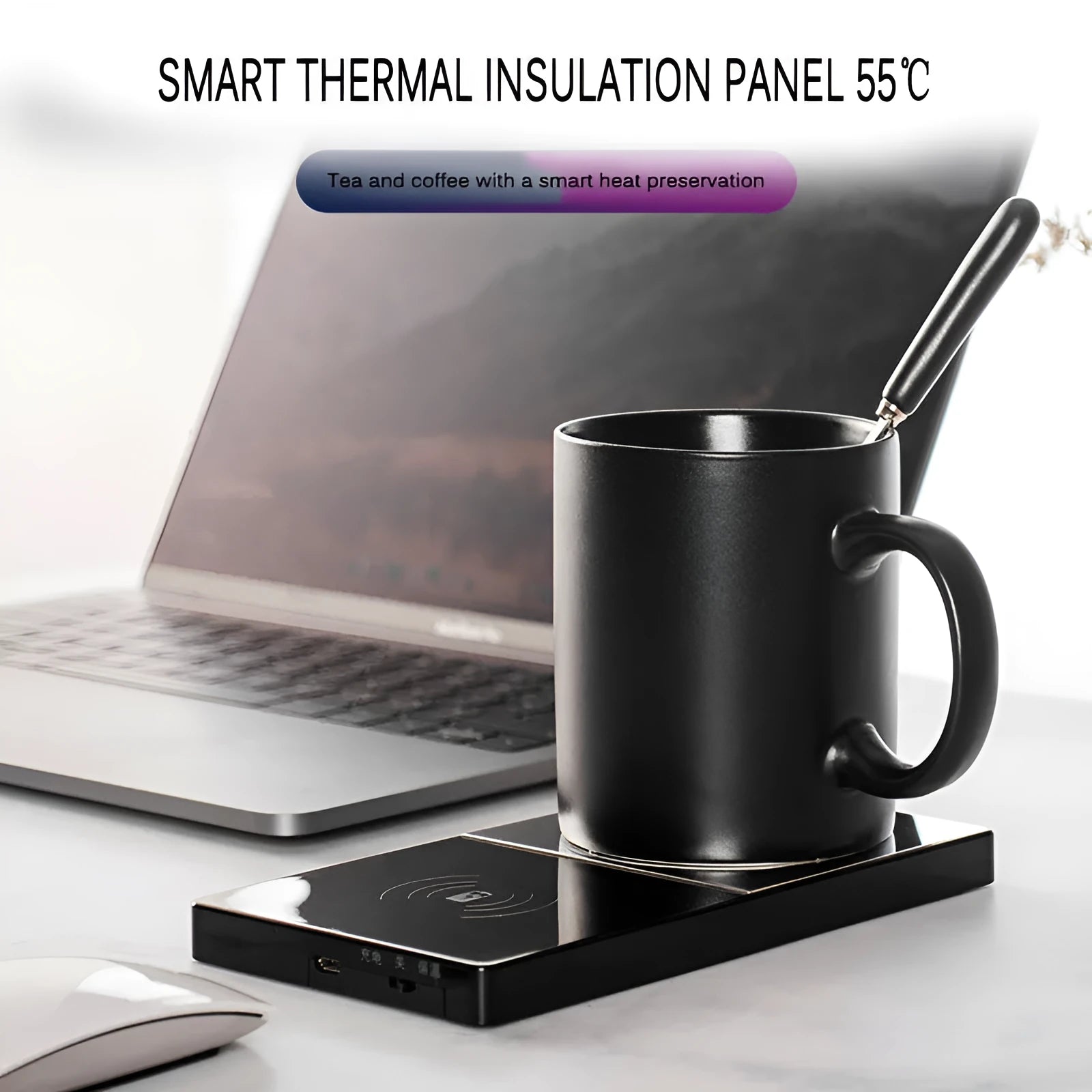 2-in-1 heated mug cup warmer and wireless charger on a desk with a coffee mug and smartphone