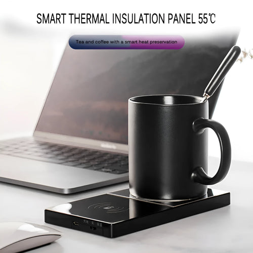 2-in-1 heated mug cup warmer and wireless charger on a desk with a coffee mug and smartphone