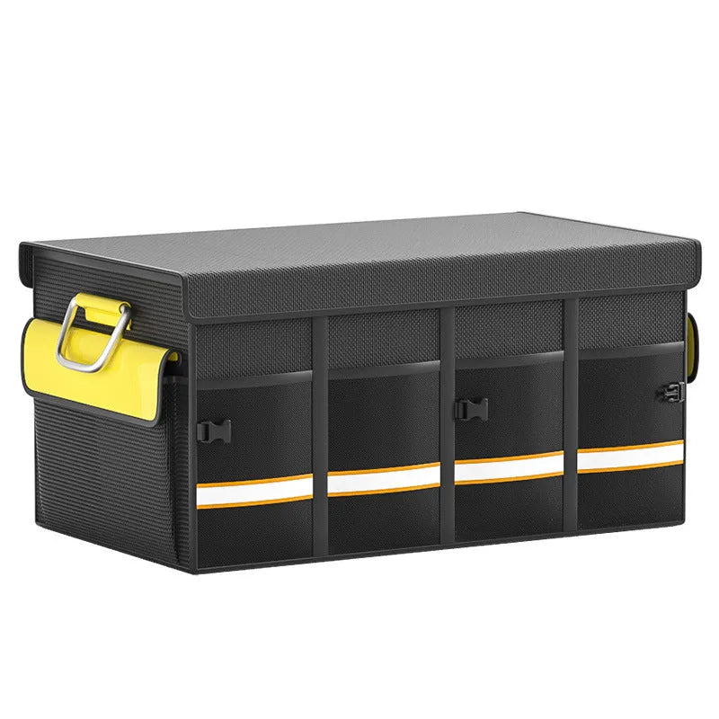 Black and yellow foldable car storage bag with handle in three capacity sizes
