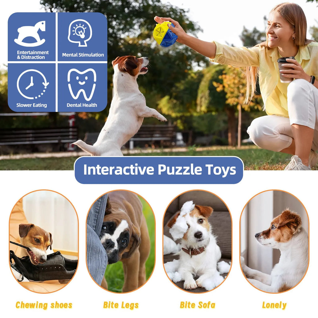 Blue or red hollow plastic dog puzzle toy for treat dispensing.