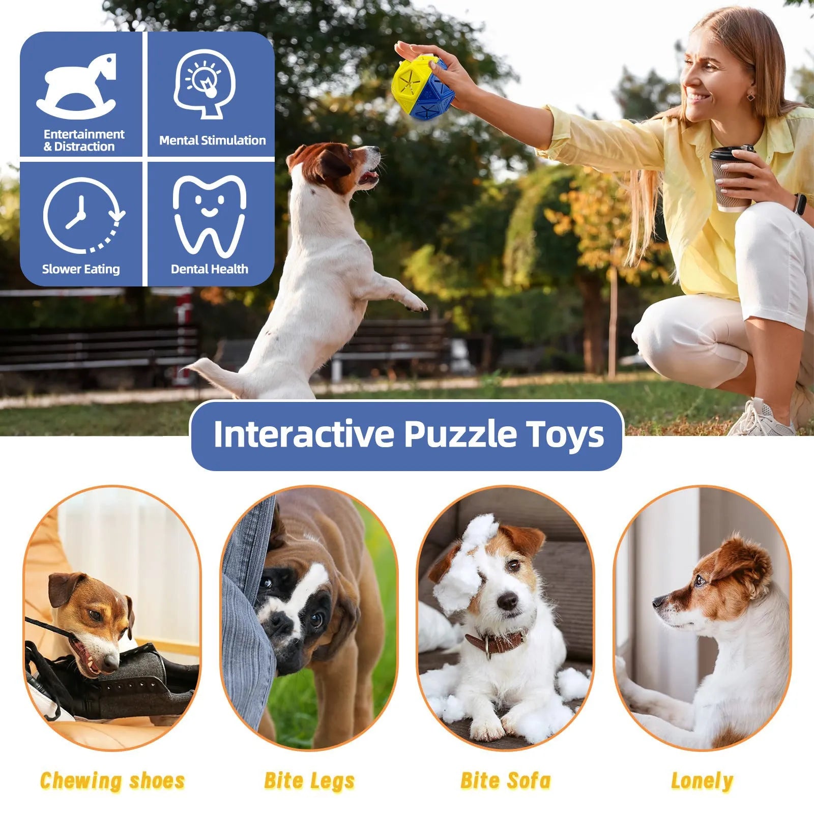 Blue or red hollow plastic dog puzzle toy for treat dispensing.