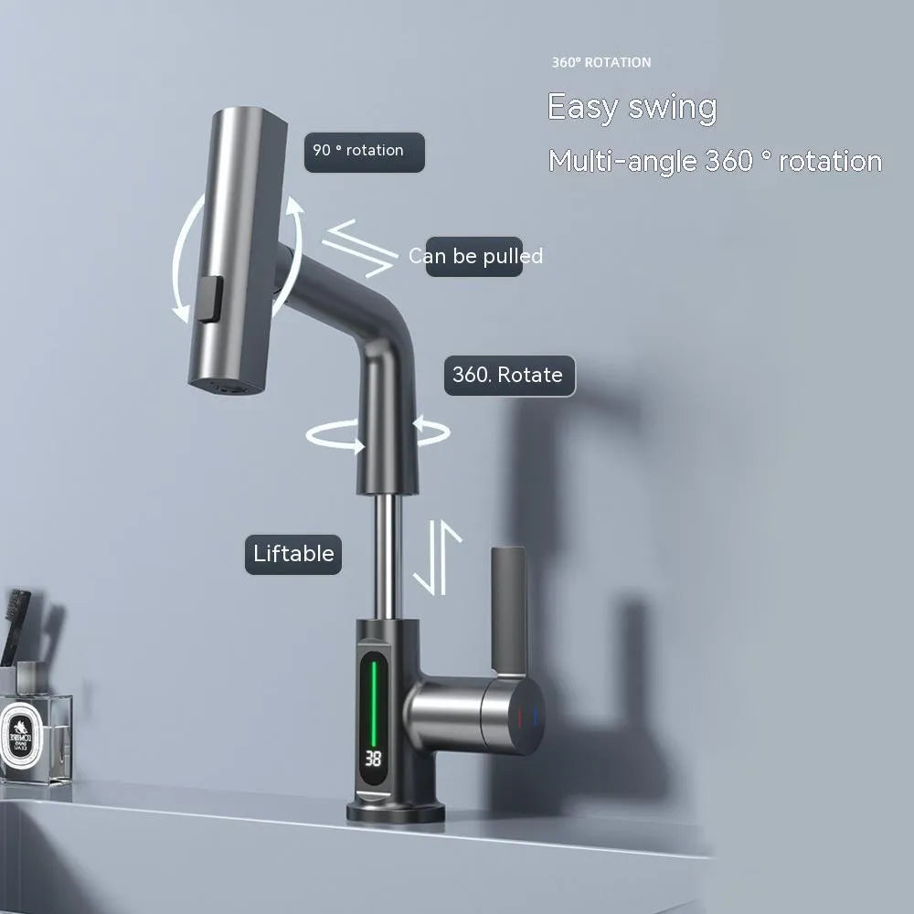 Modern pull-out kitchen faucet with digital temperature display on a black finish, showing extended hose.