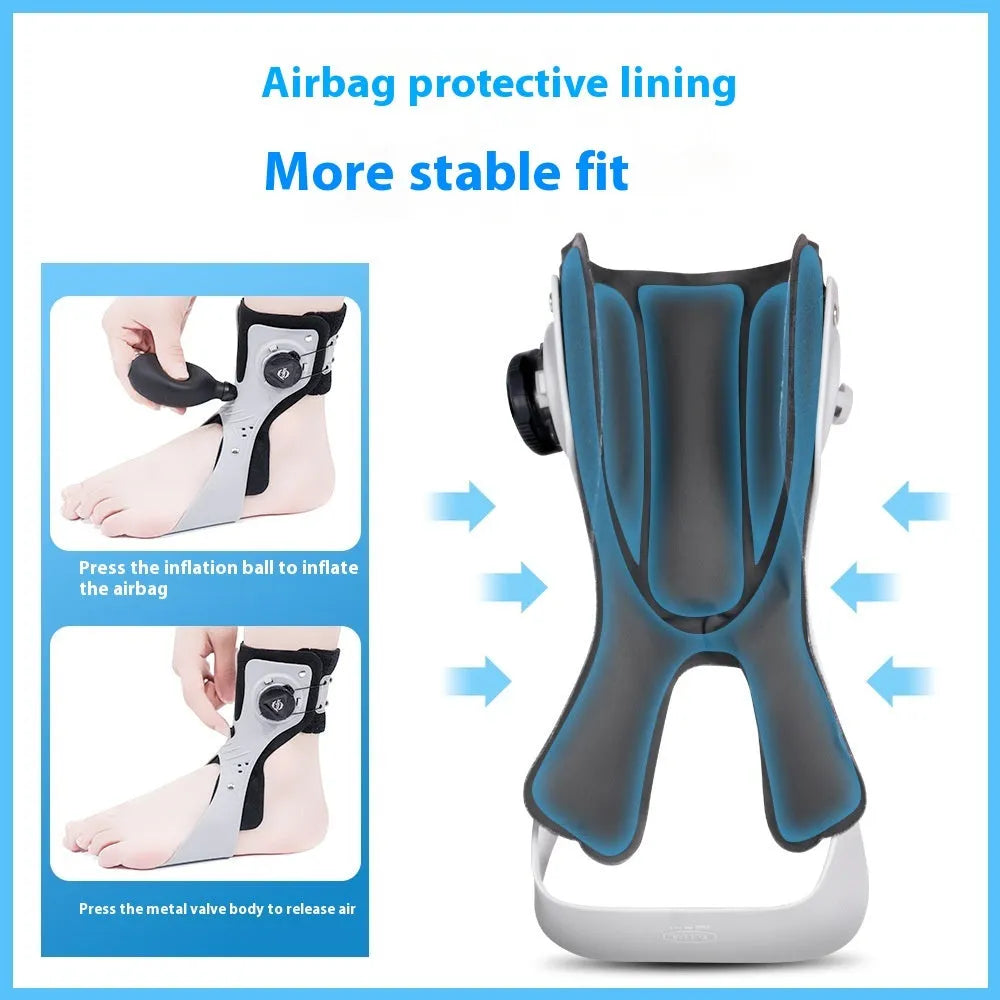 Adjustable airbag button ankle support brace shown in grey, with left and right foot sizing indicators.