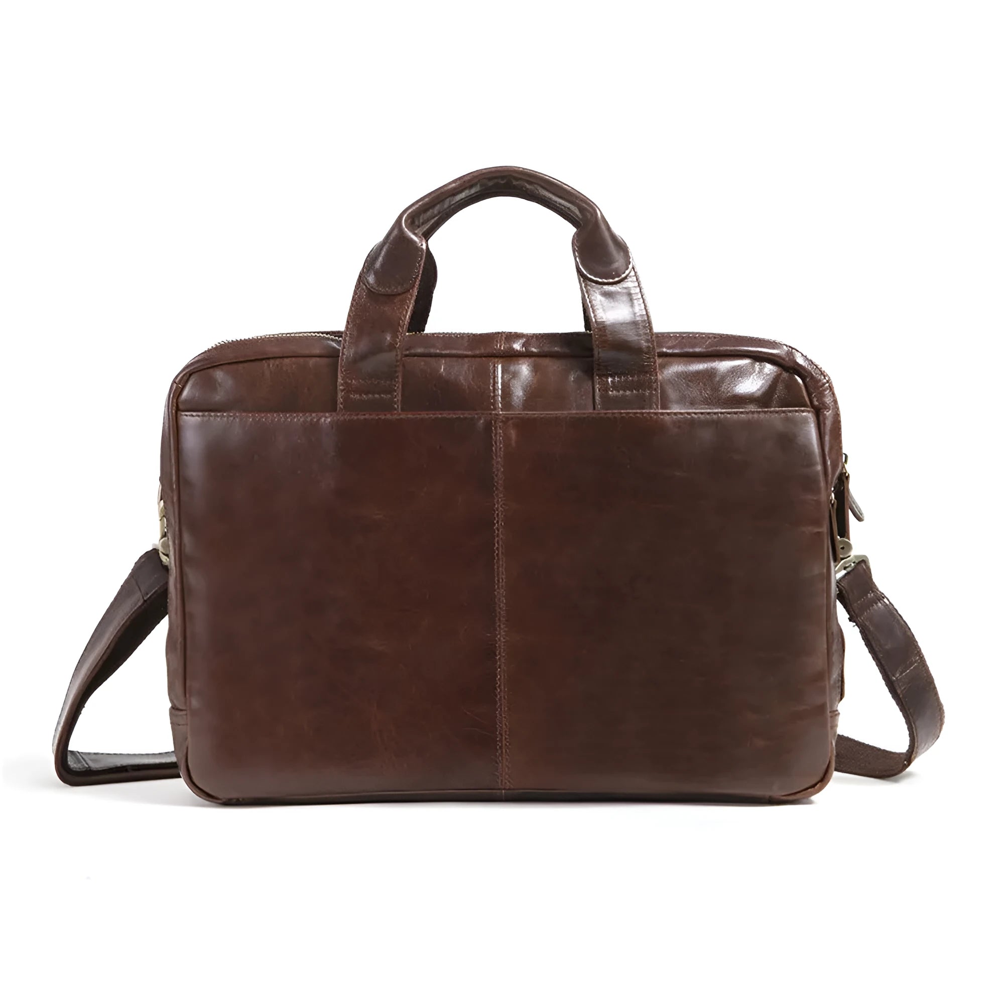 Brown cowhide leather business briefcase open showing interior polyester cotton lining and 18-inch laptop storage