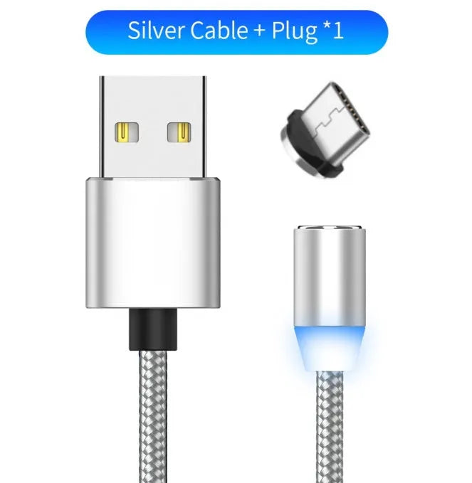 YBD black braided magnetic charging cable with LED light and aluminium shell for iPhone and Android.