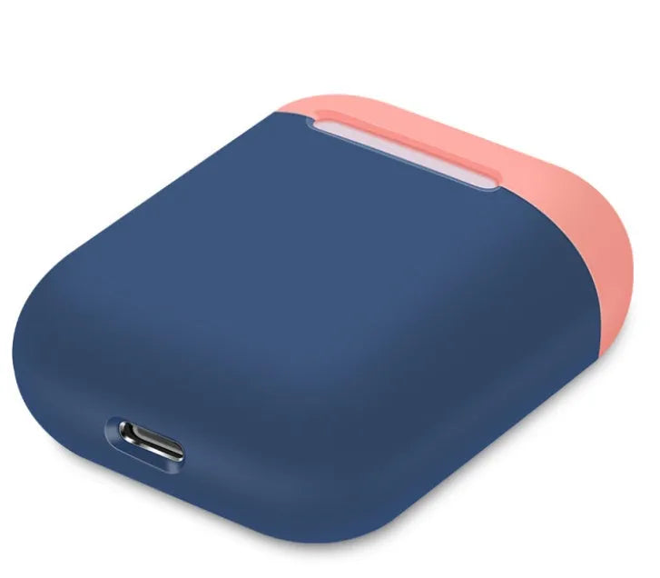 Split-shell silicone protective case for Apple AirPods charging box in a selection of colours on a plain background.