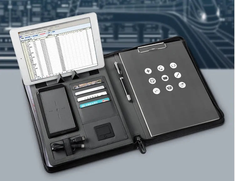 A4 multifunctional rechargeable folder notebook with wireless charger, 5000mAh battery, black colour-changing PU cover