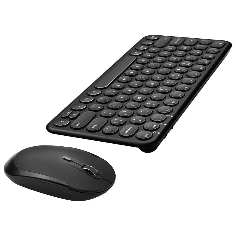 Mute ultra-thin wireless white keyboard and mouse set with USB receiver on a desk.