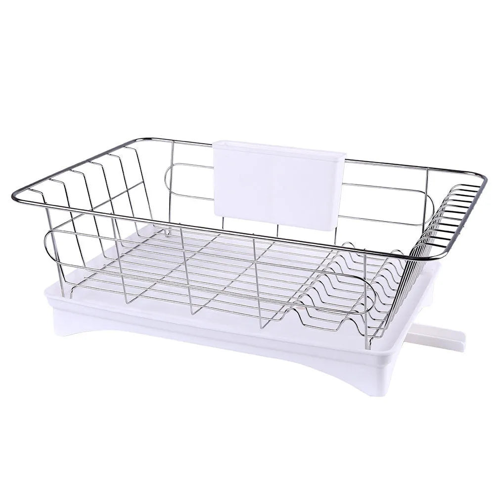 Black stainless steel dish drying rack with plastic cutlery holder and drain board on a kitchen counter.