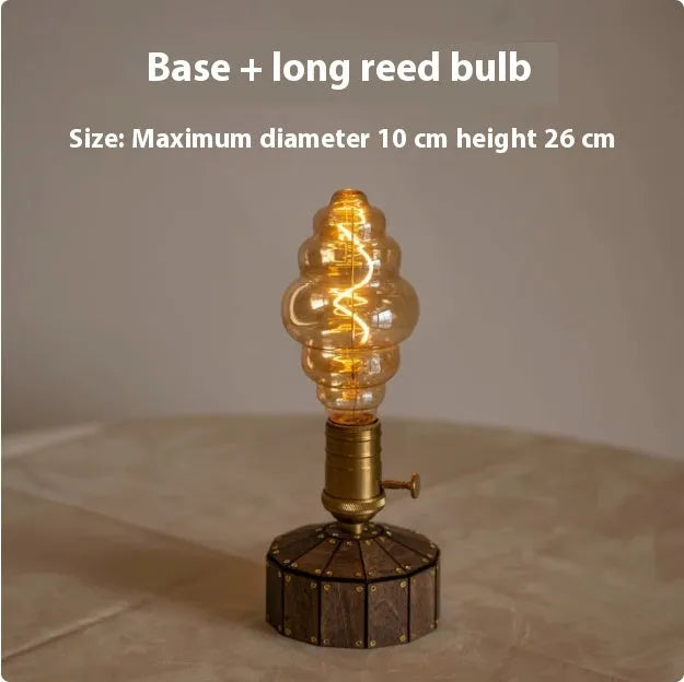 Retro USB rechargeable desk lamp with glass shade, shown with wooden base and a choice of ST64, G80, T45, T125, or Long Lu LED bulbs.