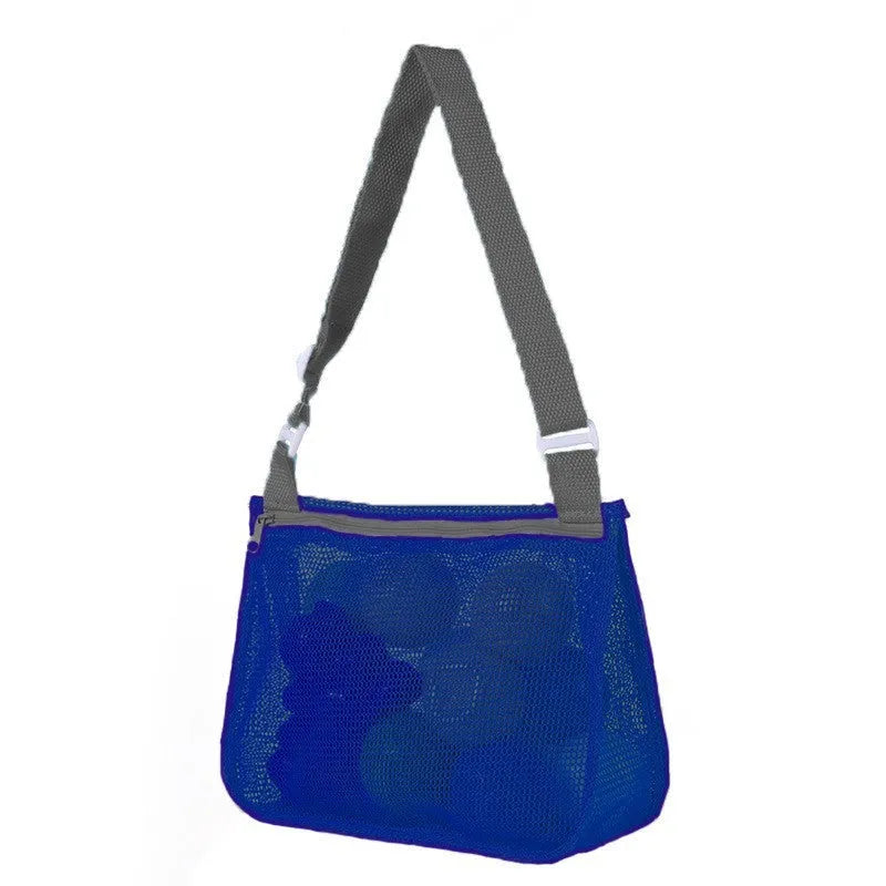 Blue nylon mesh travel storage organiser bag for children's toys and clothing, sealed, measuring 20x25x8cm.