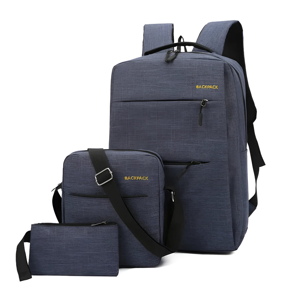 Three men's nylon backpacks in different colours showing USB port and internal laptop compartment.