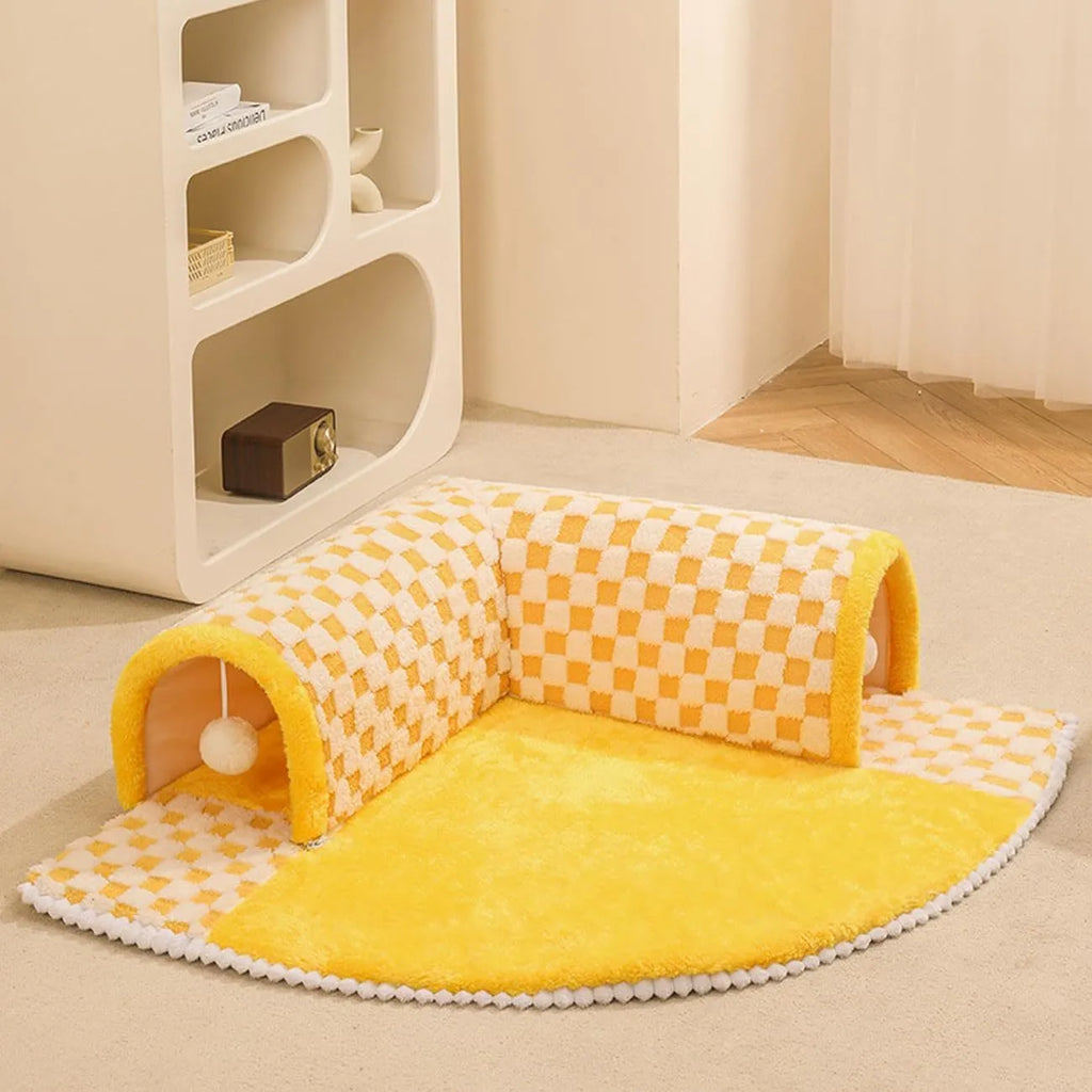 Soft plush fan-shaped 2-in-1 pet bed and tunnel for dogs and cats in plaid design.