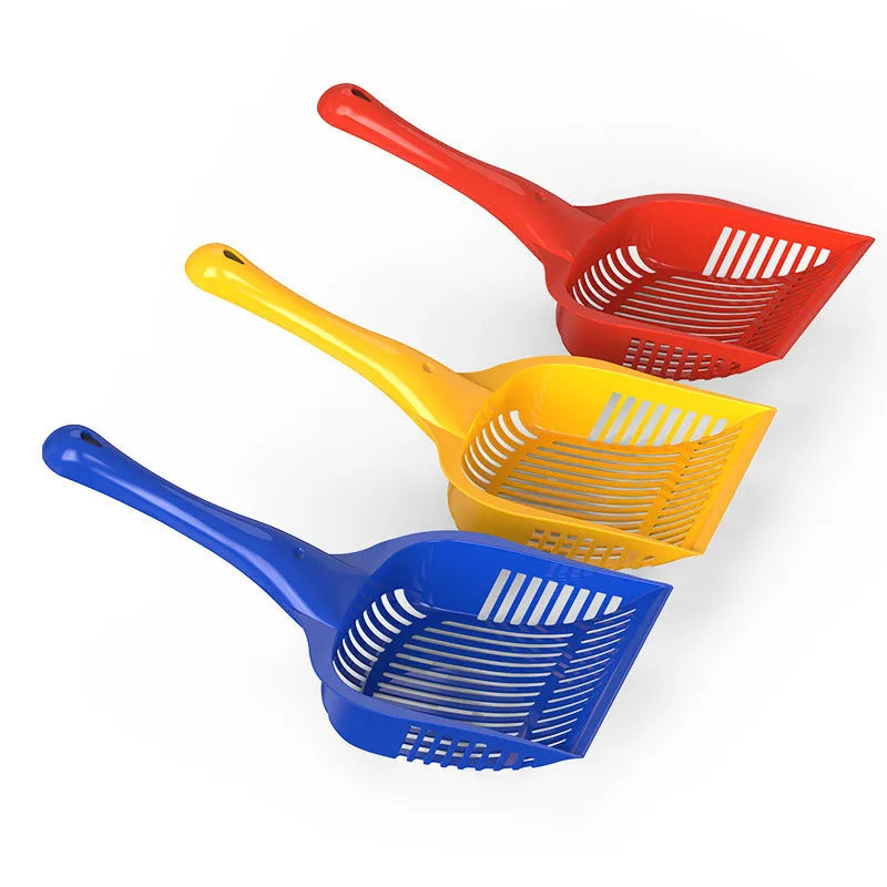 PP plastic cat litter scoop in red, yellow, and blue colours showing small and medium size options