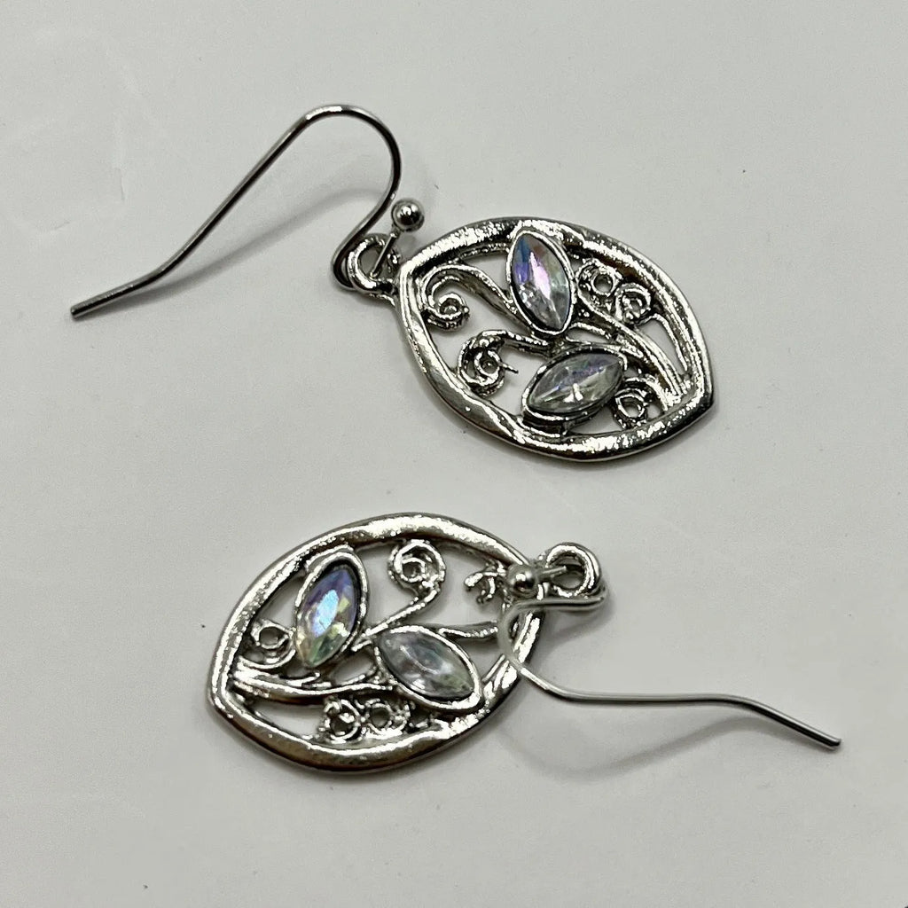 Silver alloy leaf earrings with embedded colourful moonstone gemstones for women