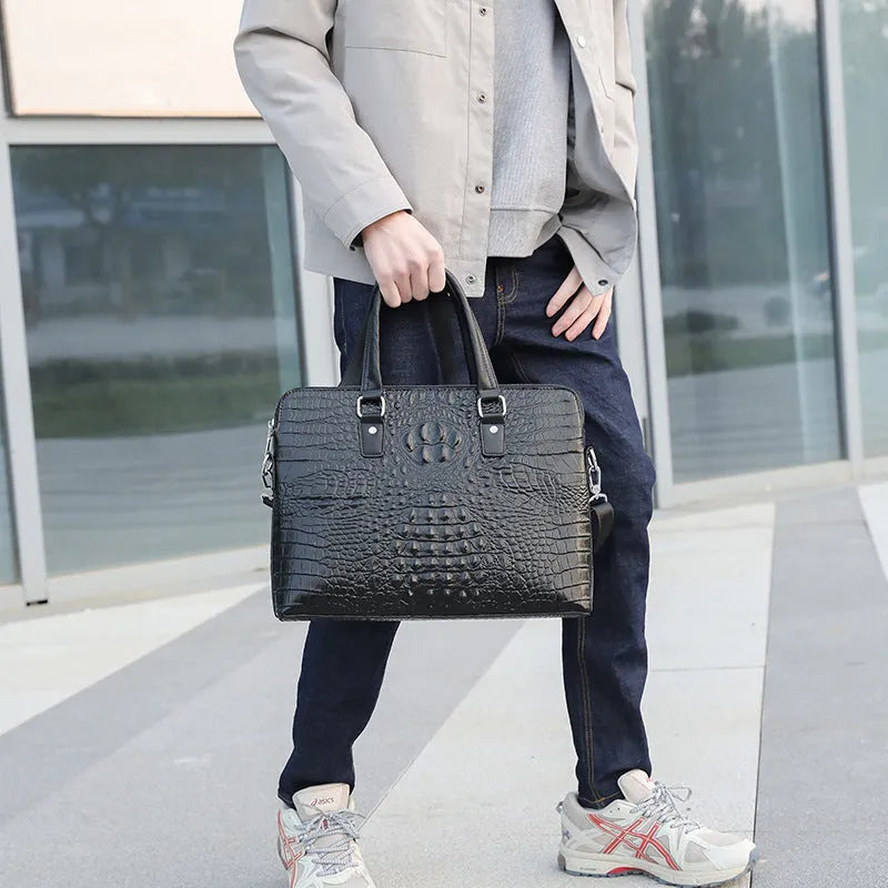 Men's black genuine leather crocodile pattern shoulder briefcase with stitching details