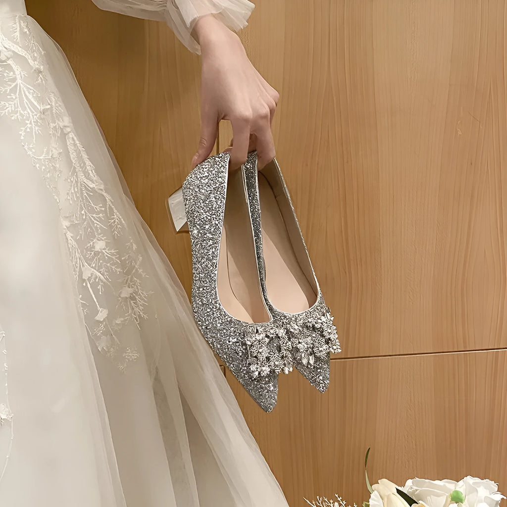 Silver French style mid heel pumps with square buckle, available in large sizes