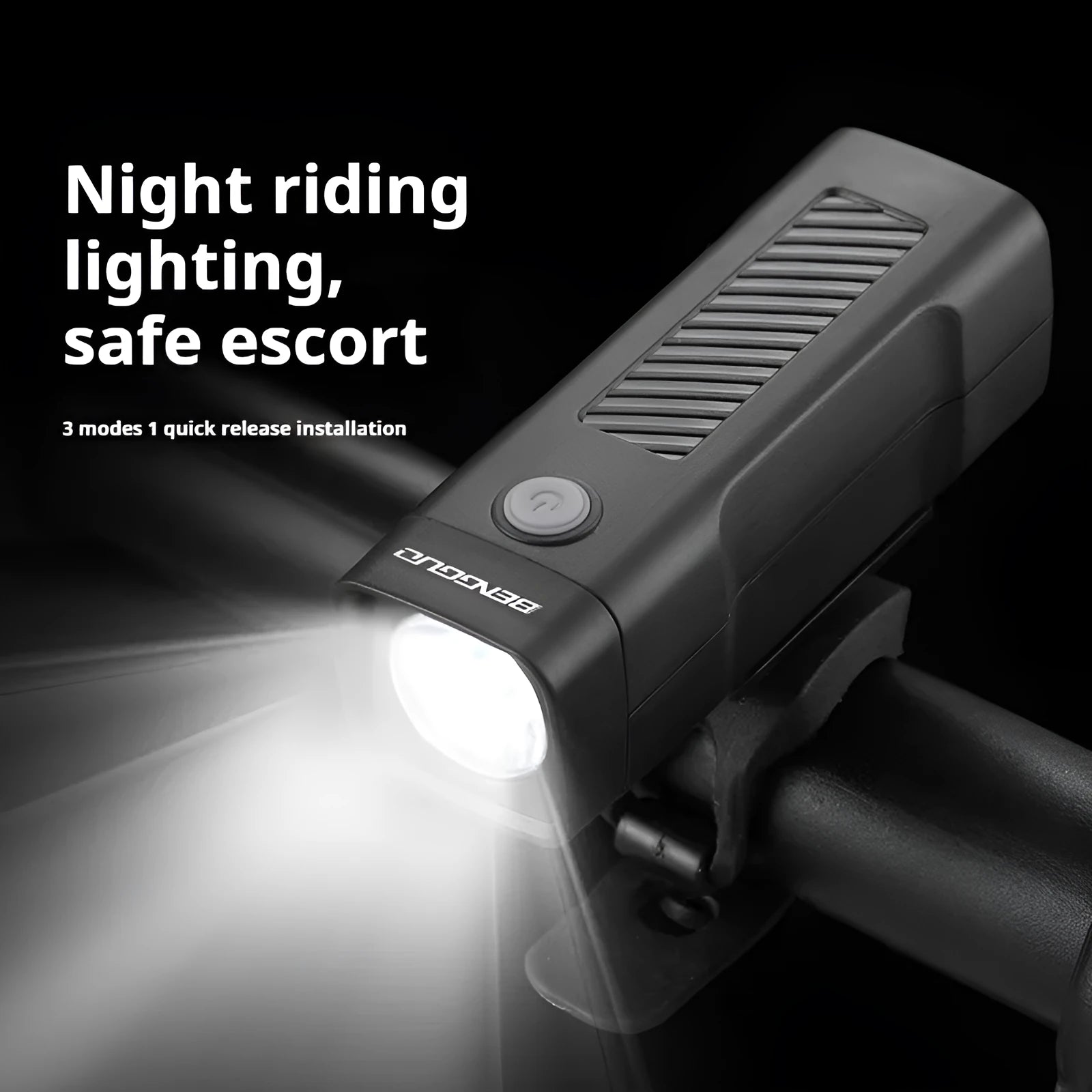 Black USB rechargeable bicycle headlight with quick-release strap mount on handlebars.