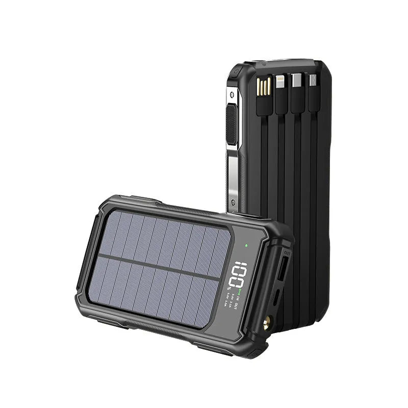 Black military grade large capacity power bank showing size, with 10000mAh and 20000mAh capacity options.