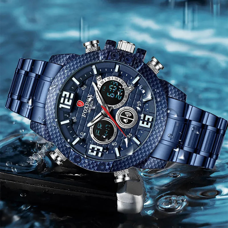 Dual display watch with pointer and number readouts, luminous dial, 44mm alloy case, black dial