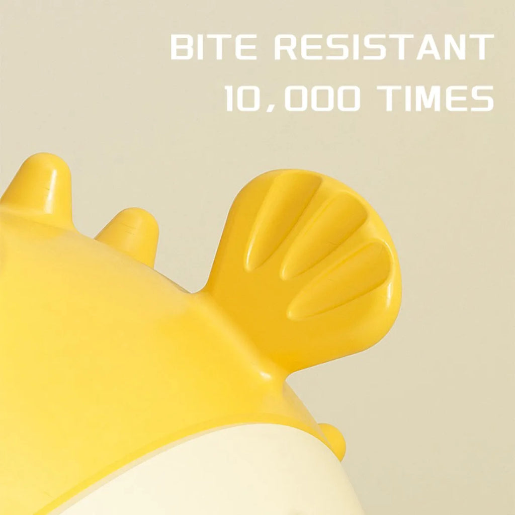 Yellow durable fish-shaped vinyl dog chew toy with textured surface and squeaker.