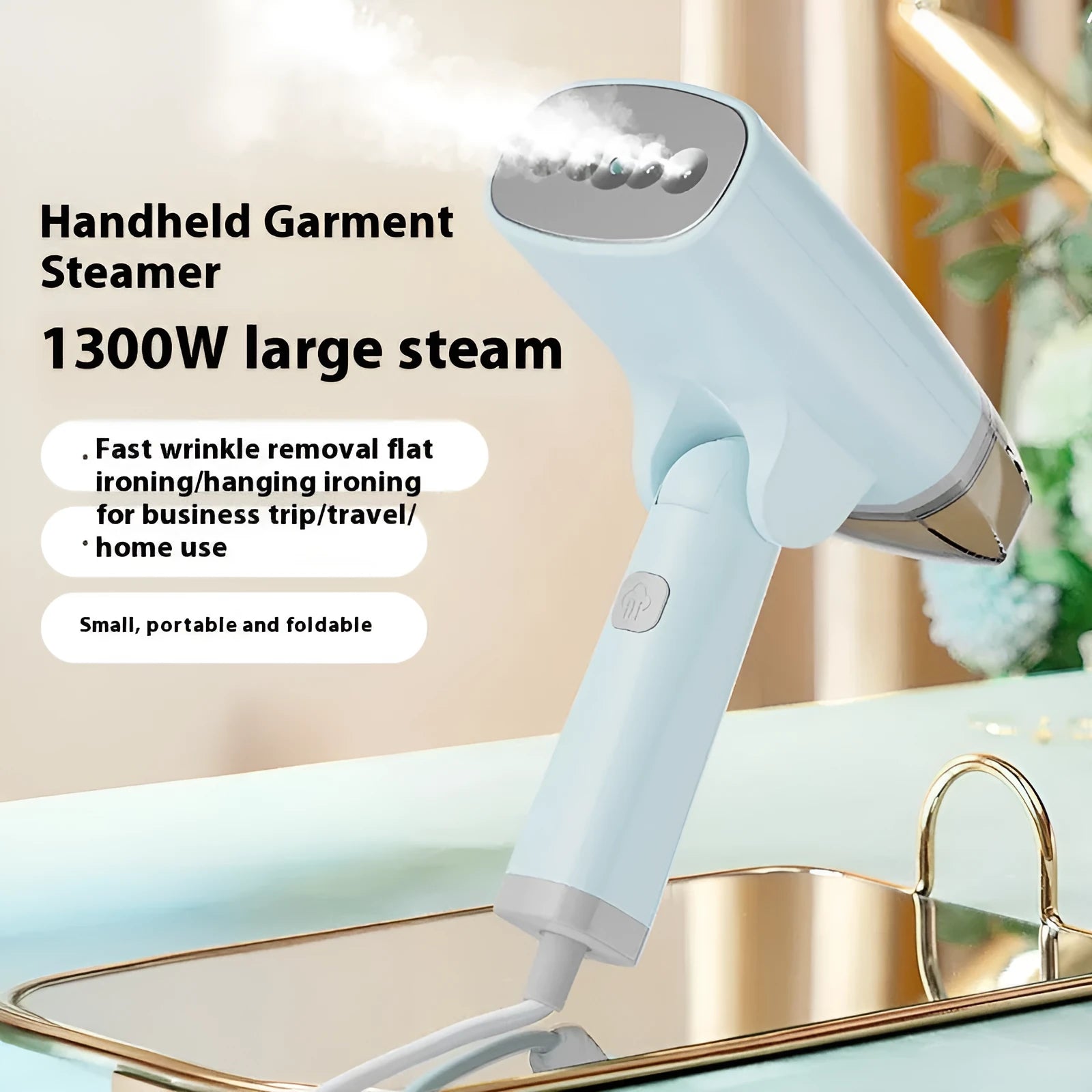 Blue and white handheld garment steamer with water tank and temperature control buttons
