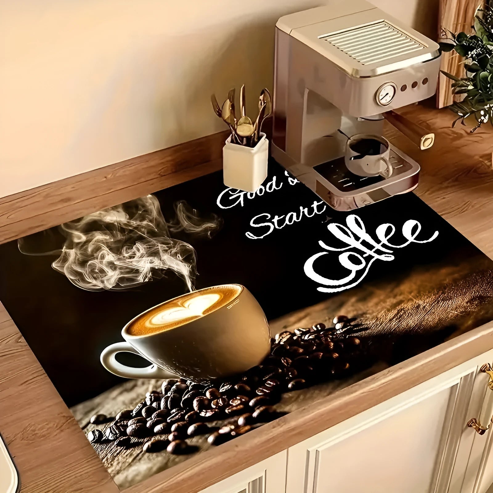 Square PVC coffee maker water draining pad in K Coffee Time colour, modern simplicity style, 30x40cm size on kitchen countertop