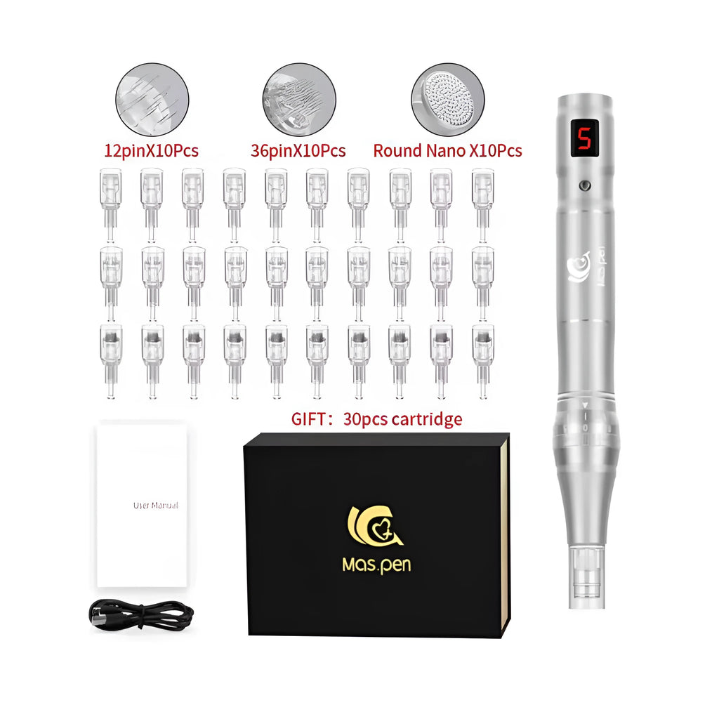Electric microneedle pen device with spiral mouth and 30 heads inside a metal storage case