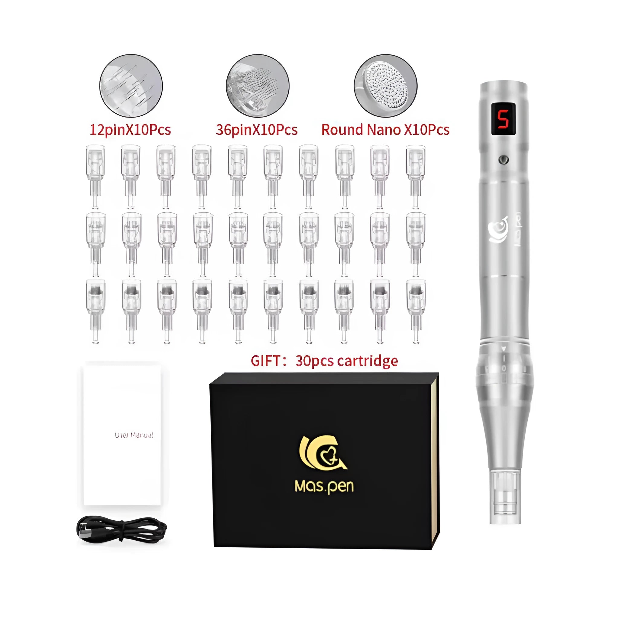 Electric microneedle pen device with spiral mouth and 30 heads inside a metal storage case