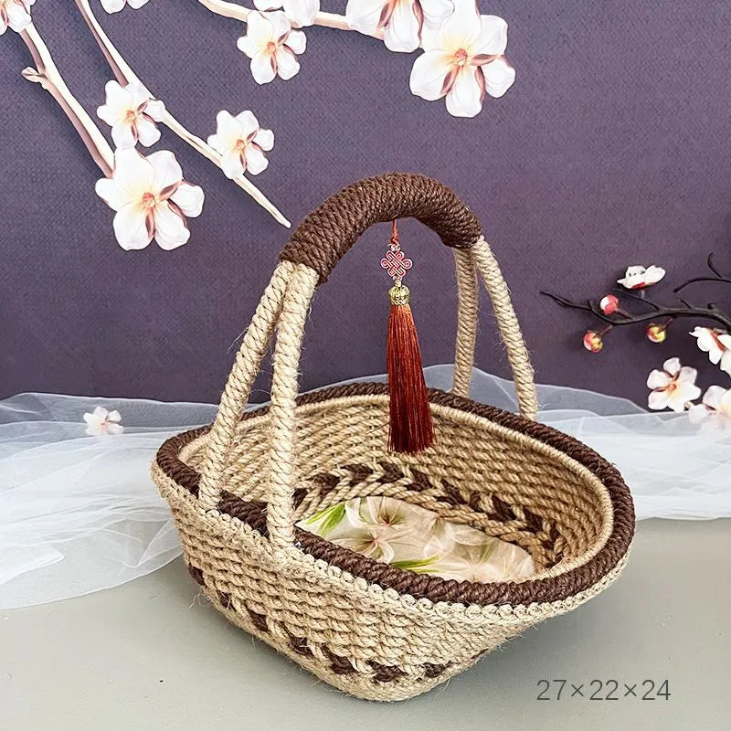 Hand-woven hemp rope basket with straw base in rustic coffee brown colour