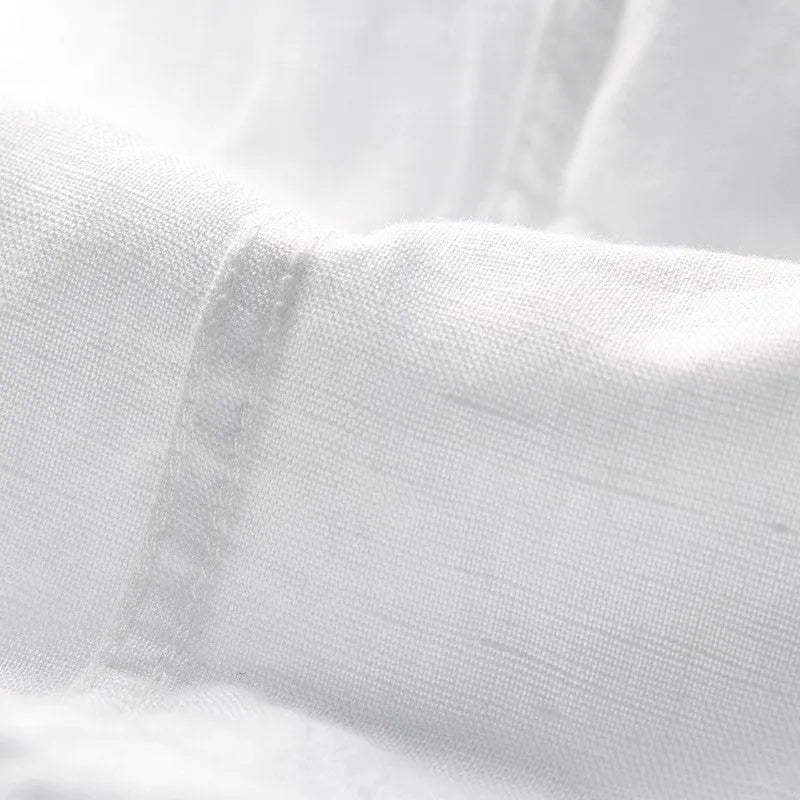 Men's square collar short sleeve shirt in linen blend fabric showing loose cardigan fit