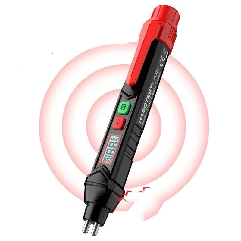 Digital brake fluid tester pen with LCD display, batteries, manual and colour box packaging