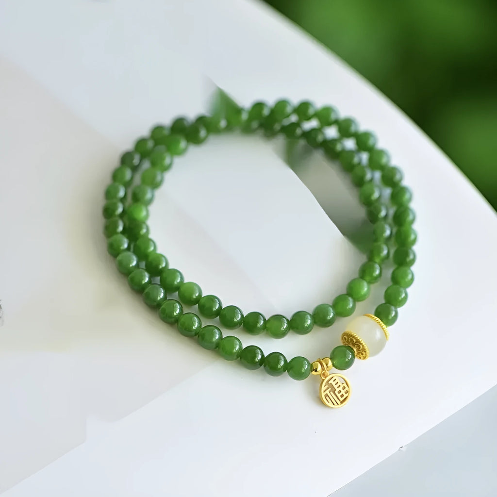 Women's double circle Hetian jade bracelet with geometric shape and fu character