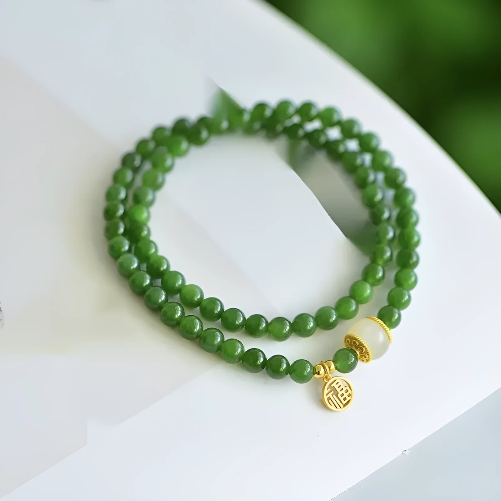 Women's double circle Hetian jade bracelet with geometric shape and fu character