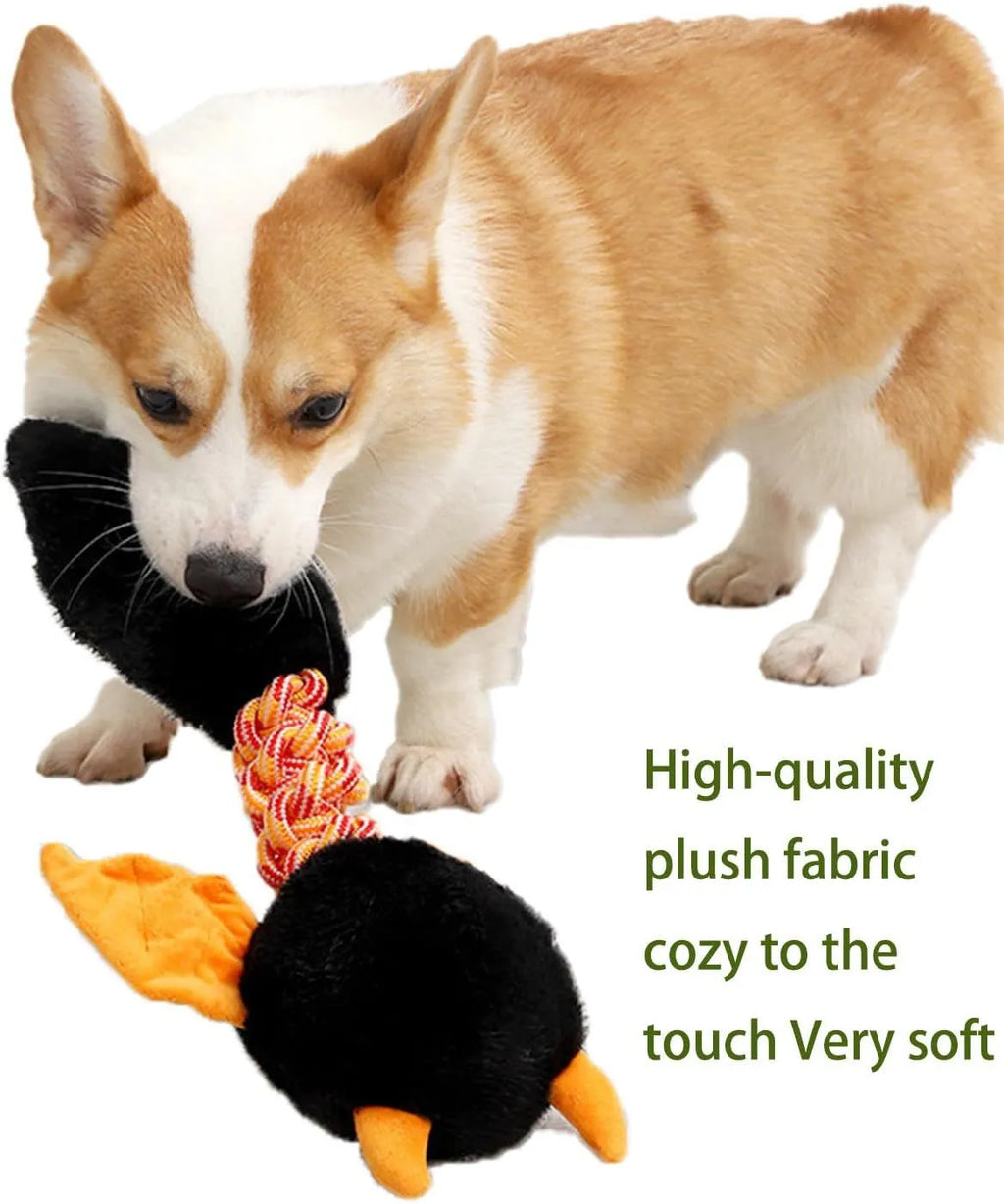 Large black, green, or red plush dog toy with cartoon design, measuring 44cm, featuring a squeaker and rope knot.