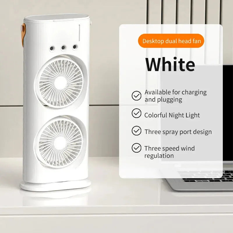 White portable air cooler with double fan design and humidifying spray function
