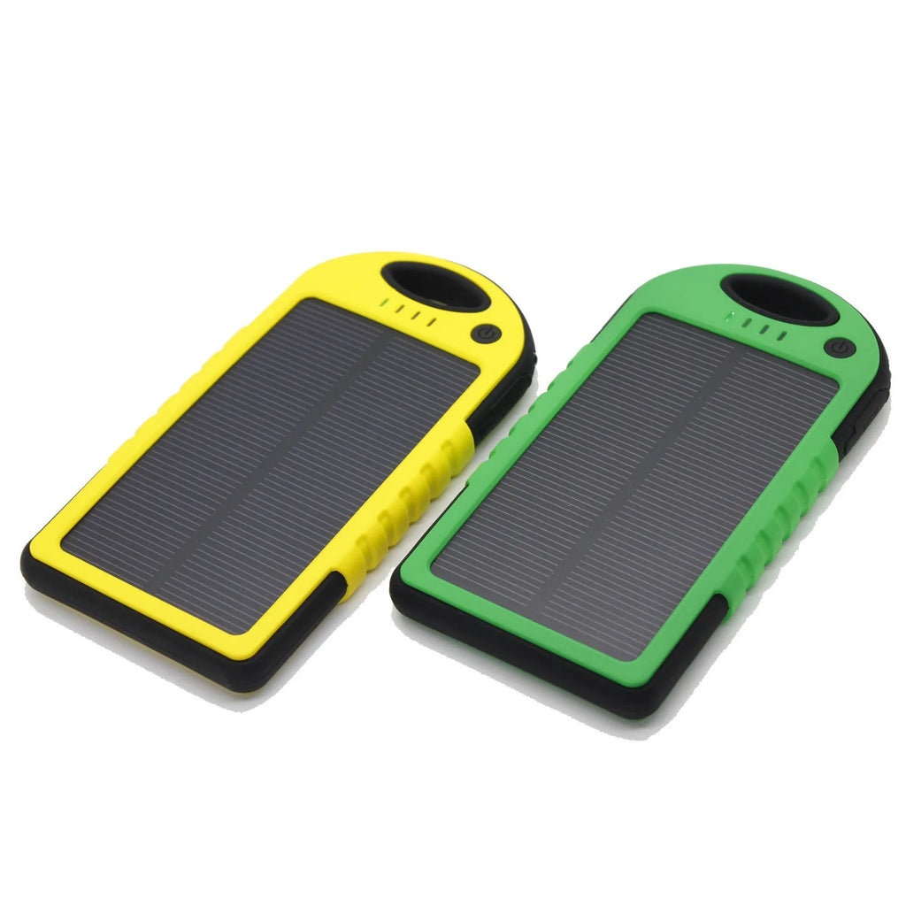 Solar power bank 8000mAh dual battery charger with 1W monocrystalline panel, IPX4 waterproof, and carabiner on backpack