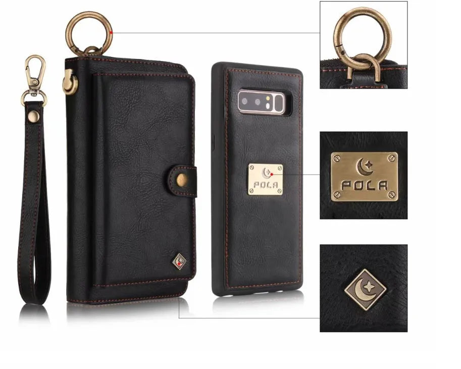 Black imitation leather phone case with a zippered wallet compartment open, showing card slots.