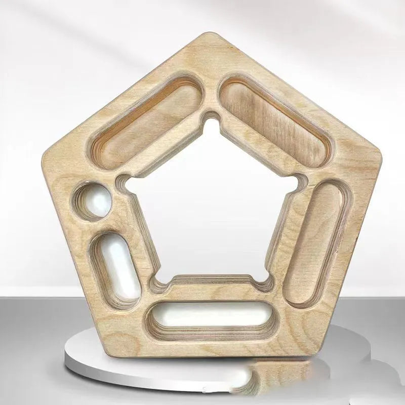 Birch wooden pentagonal-round climbing finger force training plate on a neutral background.