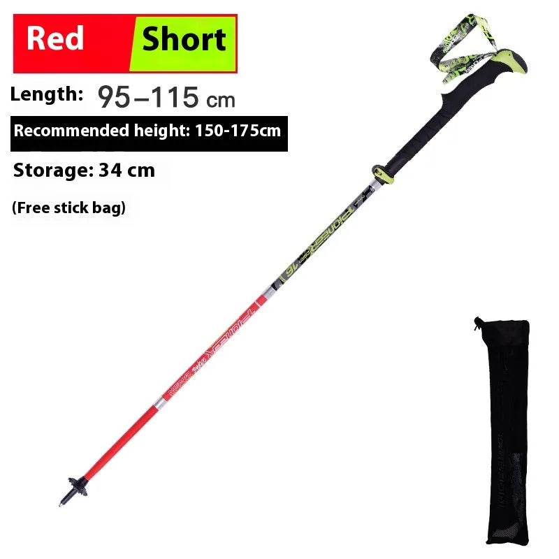 Carbon fibre folding climbing cane with tungsten steel tip in matte black colour, shown in extended and folded positions