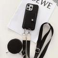 PC leather phone case with card holder slot and lanyard loop for Apple iPhone, shown in black.