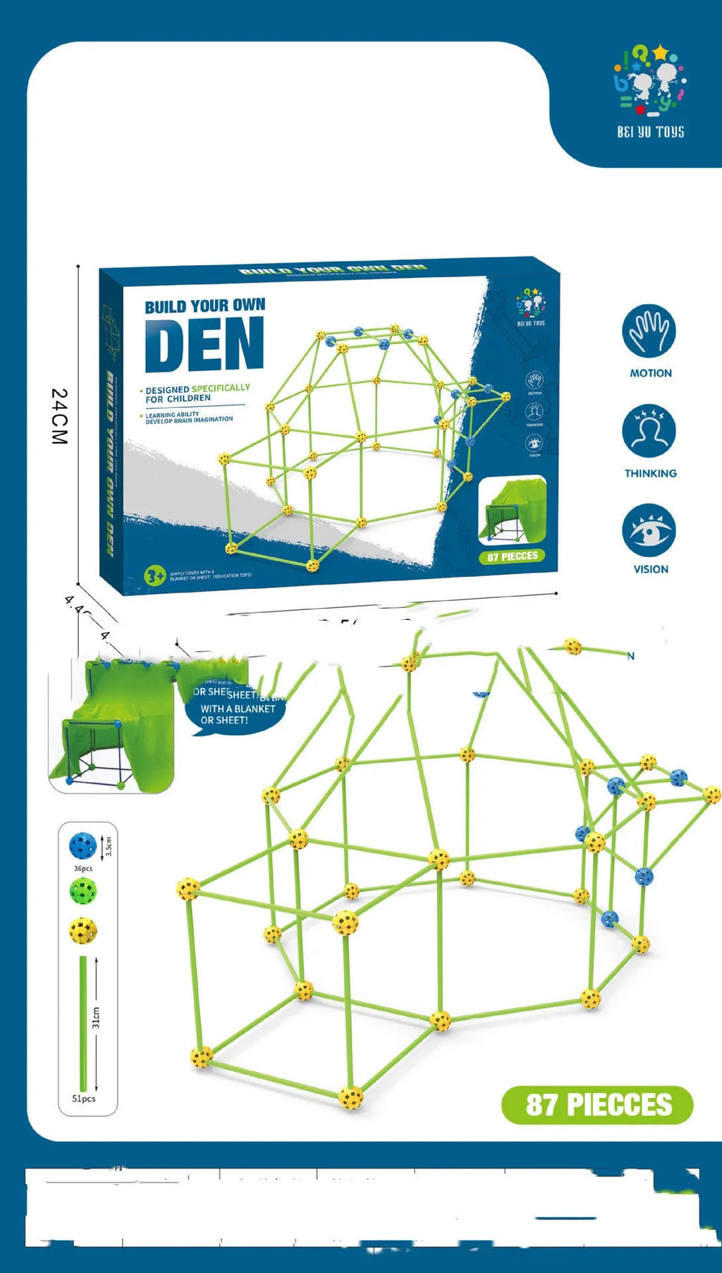 Children's luminous fort building kit with plastic rods, connector balls, and a constructed play tunnel.