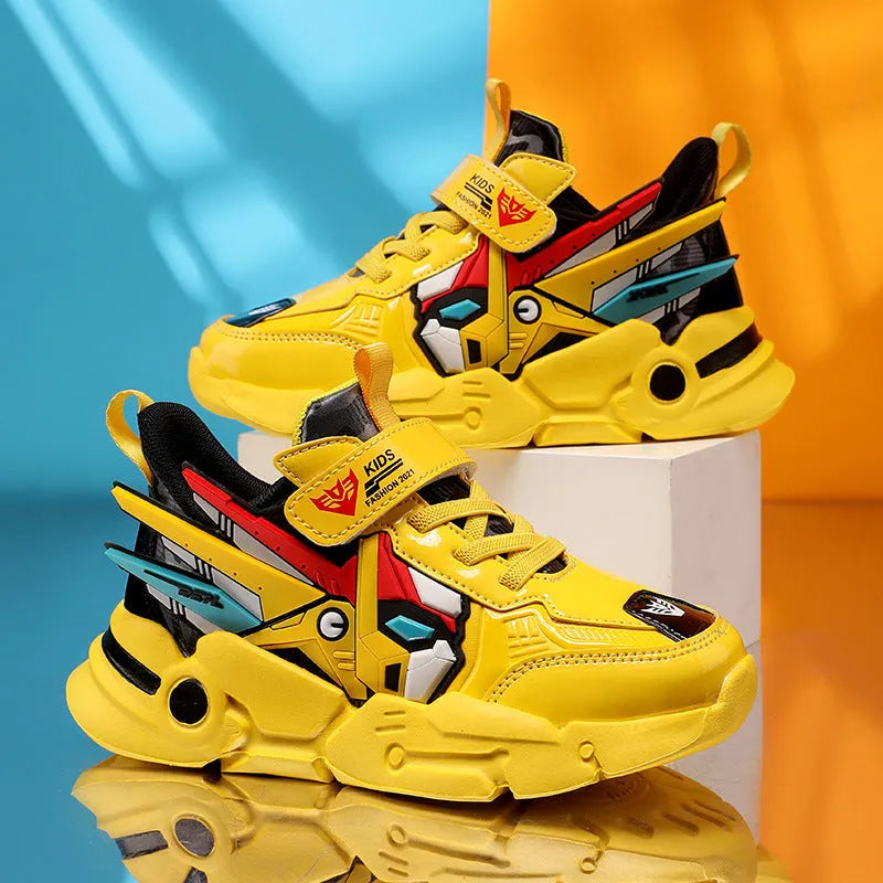 Children's running shoes with artificial leather surface and Velcro fastening in cartoon pattern design