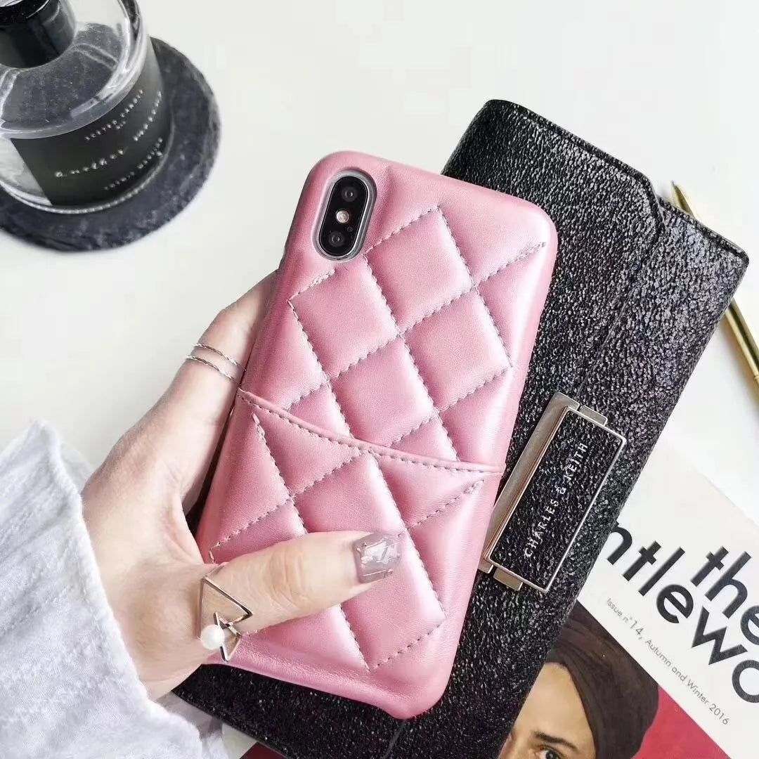 Genuine leather iPhone case in black, pink, and red colours for XS Max and iPhone 6-8 Plus models.