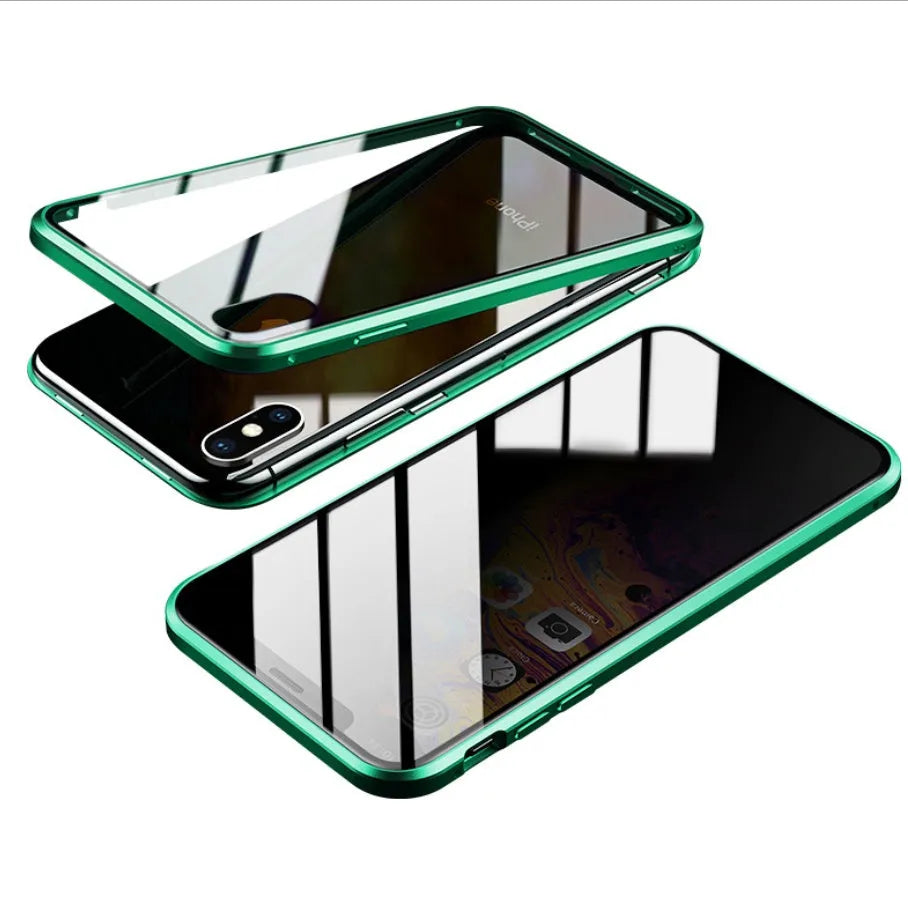 Glass clamshell anti-spy phone case for iPhone in geometric design, shown in black, silver, red, gold, green, and blue colours.