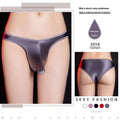 Men's low waist T-back underwear in shiny black nylon fabric on a white background.